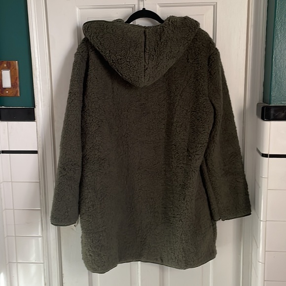 Cozy Olive Oversized Teddy Hoodie Cardigan Sherpa Jacket - Picture 7 of 13